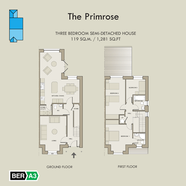 The Primrose house type at Station Road, ground and 1st floor plans
